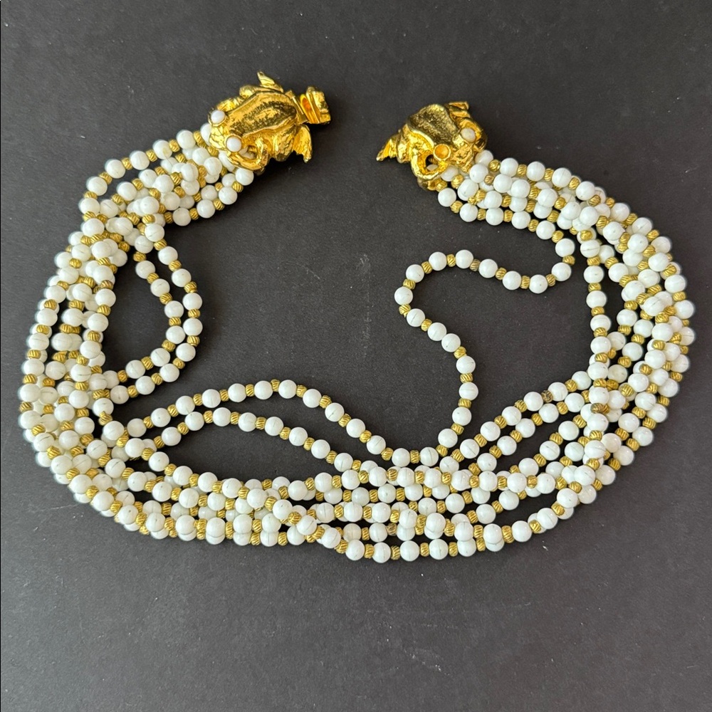 Mimi di Nardo Frogs Clasp white and  Gold Beads multi strand choker Necklace - Picture 4 of 9